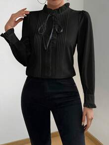 Rafferiza 女式长袖褶皱荷叶边系带衬衫，优雅的春秋季女式衬衫 - 黑色 - 查看 4