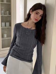 Dazy Kids Teen Girl Solid Color Round Neck Drawstring Flare Sleeve Fitted T-Shirt - Grey - View 2