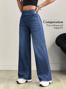 Flexra 中腰深色猫须做旧水洗针织牛仔阔腿裤 - 深色水洗藍 - 查看 3