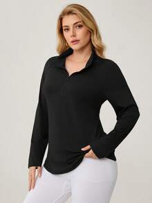 Auralis Athleisure Plus Size Women Half Zipper Long Sleeve Sports T-Shirt, Black T-Shirt For Women, Black Sweatshirts, Jogging Outfits, Women's Sportswear For Fall/Winter - Black - View 5