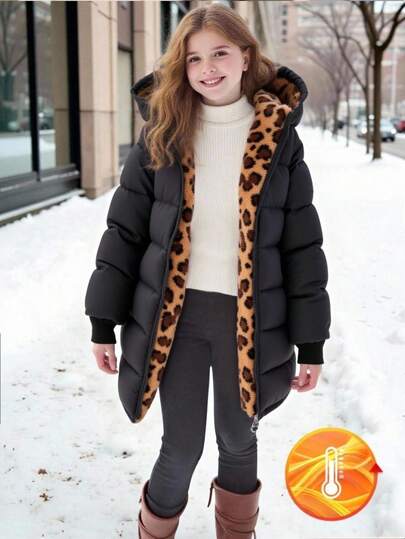 SHEIN Tween Girls' Casual Versatile Hooded Leopard Print Thermal Lined Thick Padded Coat, Black Zipper, Suitable For Autumn/Winter Outings, Walks, Shopping, Commuting, Can Be Paired With Long Sleeve Sweaters, Pants