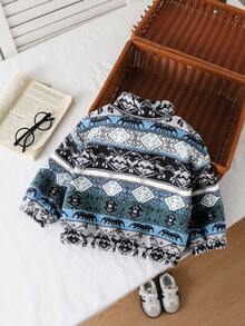 SHEIN Infant/Toddler Boys' Geometric Pattern Fleece Zip-Up High Collar Jacket, Suitable For Daily Wear, Outings, And Travel - Multicolor - View 2