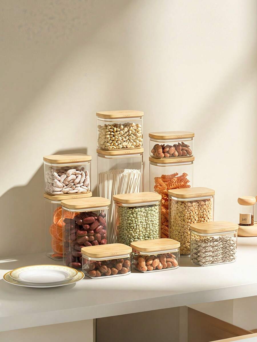 Premium Wooden Lid Square Grain Canister | Airtight Food Storage Container For Cereal, Nuts, Coffee & Candy - transparente - Ver 1