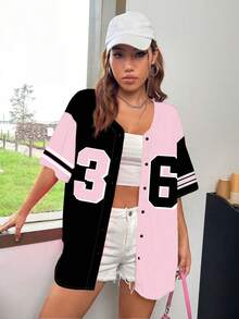 SHEIN EZwear 女士宽松前开短袖衬衫棒球夹克，适合夏季 - 黑色 - 查看 4