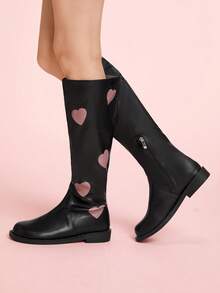 CUCCOO DOLLMOD 女士心形图案休闲时尚中筒靴，适合日常穿着 - 黑色 - 查看 3