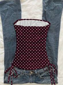 SHEIN EZwear Women's Casual Drawstring Tie-Front Cropped Tube Top - Burgundy - View 2