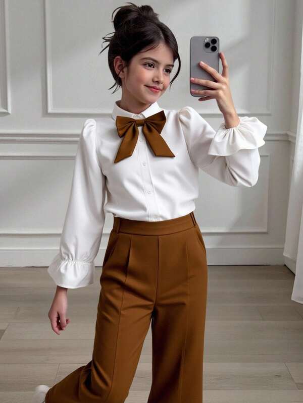 SHEIN مجموعة من قطعتين للبنات تتكون من ملابس علوية بأكمام طويلة وبنطال مزينة بفيونكة وألوان متباينة، مناسبة لفصلي الربيع والخريف