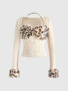 ROMWE J-Fashion Y2K Harajuku Chic Leopard Print Frayed Zip-Up Fitted Crop Top For Women - Apricot - View 1