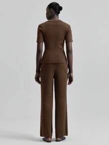 Ontre Women's Solid Color Polo Neck Knit Top And Drawstring Pants Sweater Set,Shades Of Brown,Autumn,Effortless Chic,Everyday,Urban Commute Business Outfit - Brown - View 4