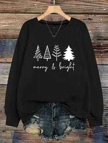 EMERY ROSE Plus Size Women's Merry & Bright Christmas Trees Print Sweatshirt - Black - View 1