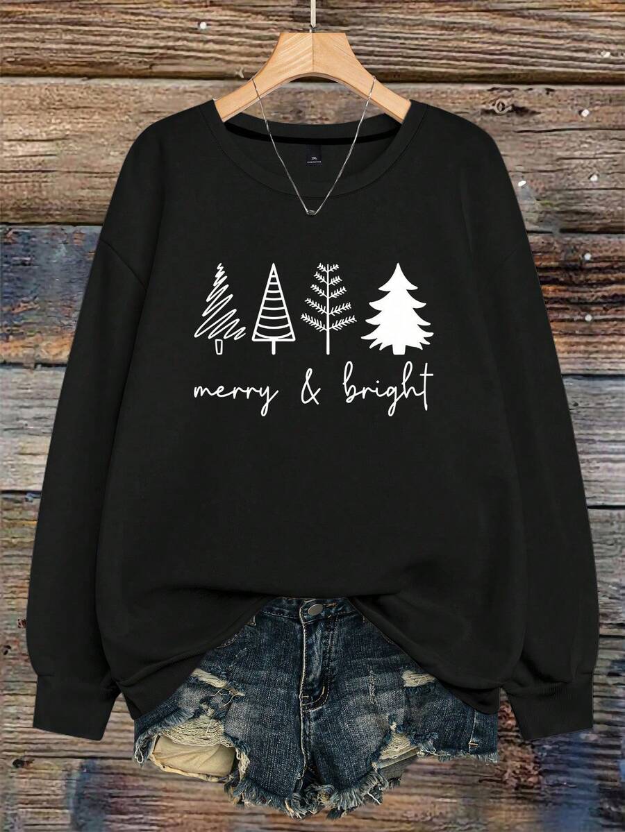 EMERY ROSE Plus Size Women's Merry & Bright Christmas Trees Print Sweatshirt - Black - View 1