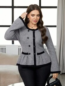 Modelyn Áo khoác cardigan tay loe viền màu thanh lịch cỡ lớn dành cho người đi làm - Xám - Xem 4