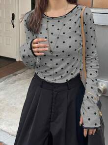 FRIFUL 女士圆领植绒波点修身撞色滚边长袖T恤 - 灰色 - 查看 5