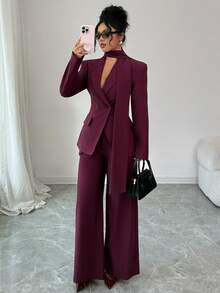 Siren Gaze 三件套时尚商务双排扣西装外套和裤子套装，女士西装裤套装，适合婚礼等正式场合，两件套女士裤装，圣诞红色女士浆果色三件套套装，休闲女装，适合通勤、复古和正式场合，例如商务休闲、工作和教学。 - 酒紅色 - 查看 6