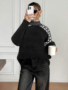 Serisse Women's Casual Colorblock Stand Collar Sweater, Autumn/Winter Black,Black Sweater,Fall,Fall Clothes For Women - Black - View 5