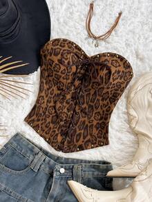 Soleia 女士休闲百搭吊带背心，露背系带设计，豹纹印花，适合海滩、婚礼、毕业典礼、圣帕特里克节、春假、复活节、音乐节等场合，打造波西米亚风、热带风情和优雅气质。 - 咖啡棕 - 查看 5