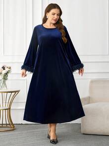 Modelyn Plus Size Women's Solid Color Round Neck Long Sleeve Furry Patchwork Loose Elegant Dress - Royal Blue - View 3