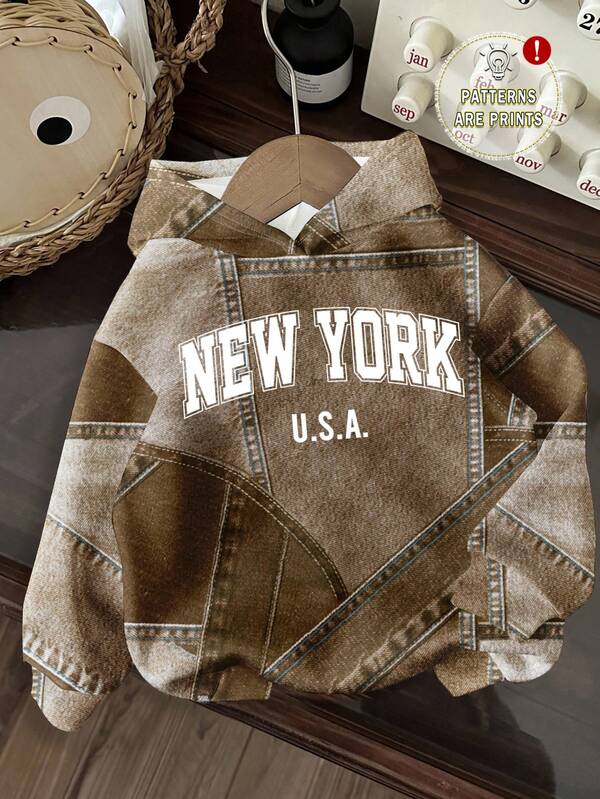 Attitoon Suitable For Party, Music Festival, Street, Patchwork City Text "NEW YORK" Graphic Print Plus Size Hoodie Sweatshirt For Women, Autumn/Winter