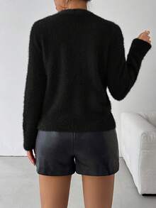 SHEIN Clasi 女士优雅串珠圆领毛衣，秋冬新年服装 - 黑色 - 查看 2