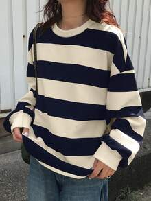 FRIFUL 女式休闲落肩条纹宽松T恤，秋季 - 藏蓝色 - 查看 4