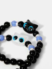 Y2Kool 2pcs Cute Big Eyes Cat Luminous Bracelet, Suitable Gift For Couples, Friends - Black and White - View 4