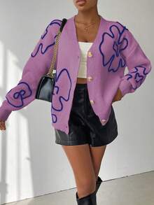 Chiquease Women's Casual Floral Print Dropped Shoulder Loose Button-Front Cardigan, Autumn/Winter - Purple - View 4
