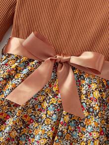 Firerie Kids Firerie Kids 青少年女孩休闲针织纯色拼布碎花圆领长袖连衣裙 - 彩色 - 查看 5