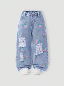 Young Girl Light Wash Blue Strawberry Print Wide Leg Jeans, Comfortable Sweet Casual Vacation School Style Recommended! - Light Wash - View 3