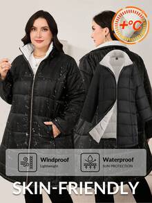 Ellevyn 女士加大码羽绒服，黑色条纹，带口袋，金属拉链，适合秋冬季节穿着。 - 黑色 - 查看 9