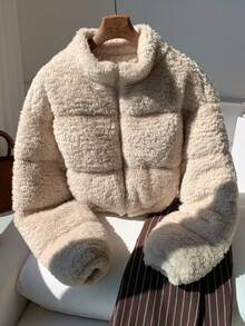 Comfortcana 女式纯色长袖人造毛皮短款面包夹克，冬季外套 - 杏色 - 查看 3