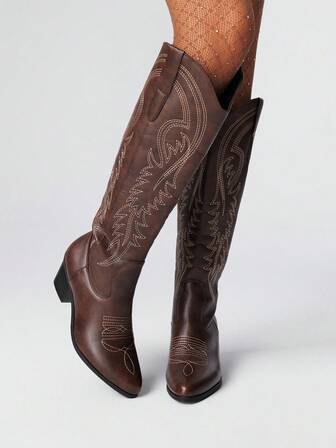 Fairycore Women's 2025 Spring Autumn New Nature-Inspired Coffee Brown Embroidery Western Boot, Outdoor Fashion Slip-On Knee-High Boots