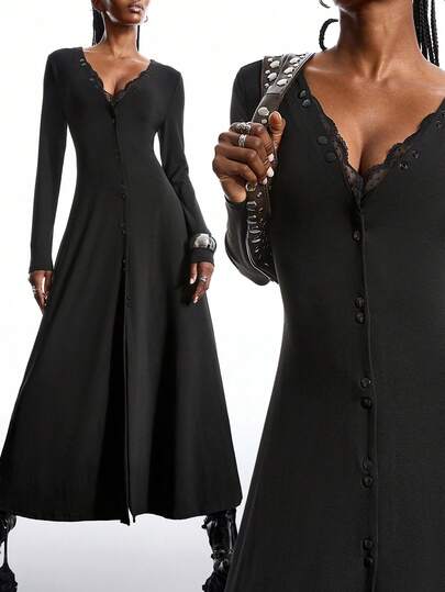 LYSMO Damen Lässig Einfarbiges Spitze Patchwork Langes Kleid