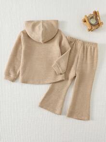 Cozy Pixies 2件套女婴柔软针织连帽衫和松紧腰裤套装 - 杏色 - 查看 2