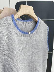 Franclia 女式休闲宽松圆领无袖针织撞色饰边卡其色毛衣上衣，春秋季 - 彩色 - 查看 3