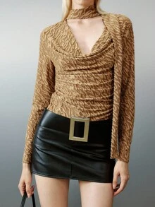 Airlisse Damen Loose Collar Langarm Top, Jacquard-Stoff mit Felloptik, Herbst/Winter - Braun - Übersicht 5