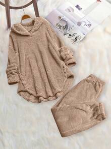EMERY ROSE Women's Elegant Plush Long Sleeve 2 Pieces Loungewear Set, Autumn/Winter - Khaki - View 3
