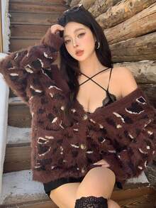 DAZY Women's V-Neck Cardigan, Fuzzy Fashion Animal Print Leopard Pattern All-Over Print, Color Blocking, Suitable For Autumn & Winter - Chocolate Brown - View 10
