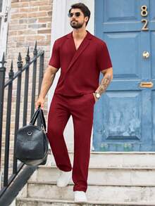 Manfinity VCAY 2pcs Men's Casual Loose Drop Shoulder Oblique Placket Short Sleeve Shirt Set - Red - View 2