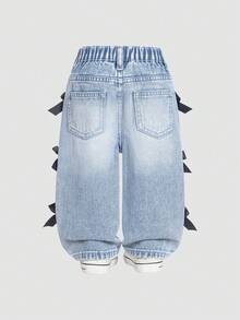 SHEIN Baby Girl Casual Distressed Bow Decor Washed Denim Jeans - Blue - View 2