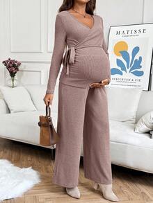 SHEIN Bộ 2 áo thun dài tay gân màu trơn cho bà bầu và quần ống đứng rộng rãi - Hồng - Xem 5