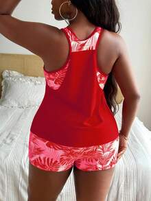 SHEIN Swim Lushore Đồ bơi Tankini in họa tiết ngẫu nhiên cỡ lớn dành cho nữ có dây đeo có thể điều chỉnh - Đỏ - Xem 2