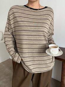 Dazy Plus Áo thun tay dài kẻ sọc rộng rãi, thoải mái, họa tiết chắp vá màu sắc cho nữ, mùa xuân/thu - Màu Khaki - Xem 5