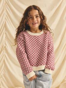 Suéter holgado de cuello redondo con ribete de contraste, informal para niña, otoño/invierno