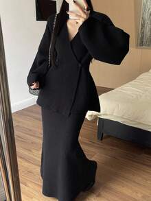 DAZY 2pcs/Set Women Elegant Fitted Sweater Set, Autumn/Winter - Black - View 5