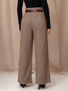 SHEIN PETITE 复古优雅女式修身格子直筒口袋裤，卡其色文艺复兴博览会旧钱商务休闲女装商务休闲女装工作服女装旧钱风格女装商务休闲女装教堂服装女装 - 棕色 - 查看 2