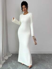 Rafferiza Women's Solid Color Round Neck Fitted Dress, Autumn, Christmas - White - View 5