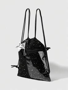 ROMWE Anime 星空印花图案，配五角星吊坠，大容量多口袋拉链透明口袋抽绳背包，时尚百搭，适合上学、度假、聚会、购物等场合。 - 黑色 - 查看 7