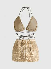 ROMWE J-Fashion Y2K性感鹿斑印花蓬松露背上衣和半身裙套装（女款） - 棕色 - 查看 2