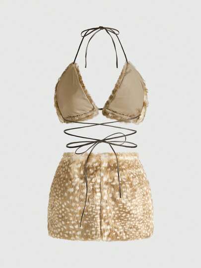 J-Fashion Top de bikini moelleux avec imprimé de taches de cerf sexy Y2K pour femmes