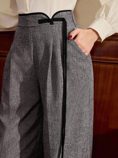 Vintamour Vintage Classic Elegant Women's Pants, Autumn/Winter Fitted Contrast Trim Pants, Button Closure Long Pants, Brown,Fall,Fall Clothes For Women Festival Outfits For Women